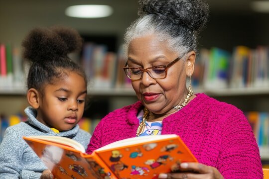 Elderly woman reading to child in library setting with colorful bookshelves. Black History Month