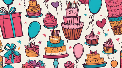 A delightful seamless background featuring hand-drawn elements such as cakes, gift boxes, balloons, and various party decorations. This design is ideal for birthday celebrations, textiles, banners, wa