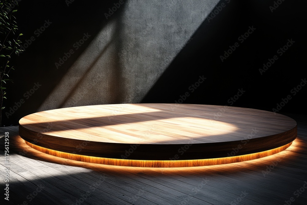 Poster empty round wooden platform illuminating by sunlight in a dark room