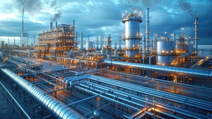 Fototapeta premium A sprawling industrial complex with intricate pipelines and towering structures, illuminated against a dramatic sky, showcasing energy production.