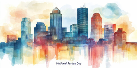 Obraz premium National Boston Day watercolor illustration of the Boston skyline featuring iconic buildings with a vibrant, abstract background.