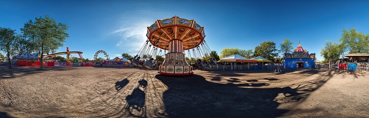 Colorful amusement park rides under a bright blue sky. Background AI generated image