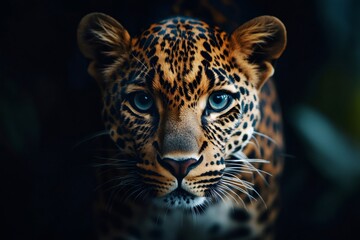 Fototapeta premium Leopard staring with intense blue eyes in the dark jungle
