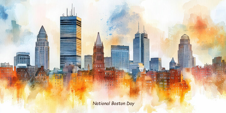 National Boston Day watercolor illustration of the Boston skyline featuring iconic buildings with a vibrant, abstract background.
