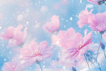 Delicate pink flowers blooming in soft winter snow.