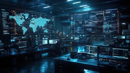 Cybersecurity command center with large screens displaying global map and code.