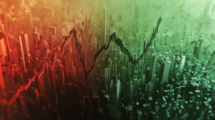Abstract city skyline with stock market graph overlay, showing fluctuating trends.