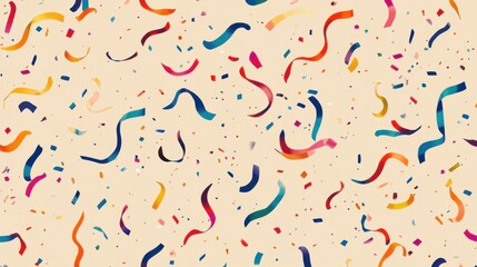 Bright and celebratory seamless pattern with colorful falling confetti and festive ribbons against a neutral beige background, ideal for wide visuals.