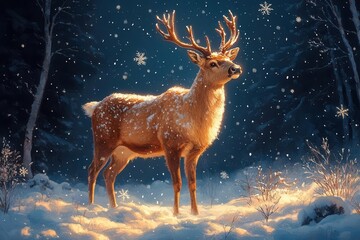 Obraz premium reindeer standing majestically in a snowy wonderland surrounded by sparkling snowflakes and frosted trees evoking the magic of winter and the beauty of the holiday season