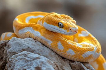 Fototapeta premium Golden snake resting on a rock: close-up of a beautiful reptile