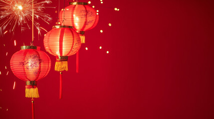 minimal red Chinese lanterns hanging on red background with small fire works, isolated on red background, room for text