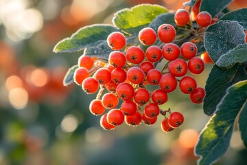 Bright red berries covered with frost on a sunny winter morning