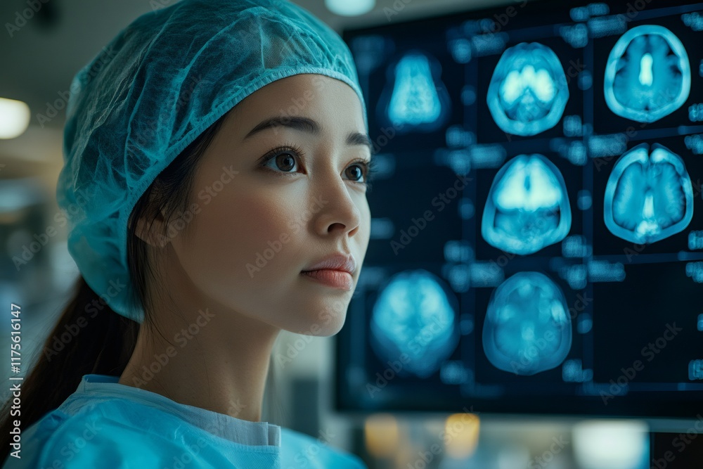 Poster professional doctor wearing scrubs and surgical cap examining brain scan images on computer monitor
