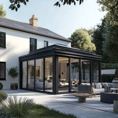 Modern orangery providing additional living space and connecting a home with the outdoors created with generative ai .