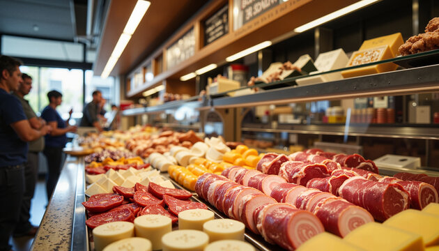 Bustling deli showcasing assorted meats and cheeses, urban flavors