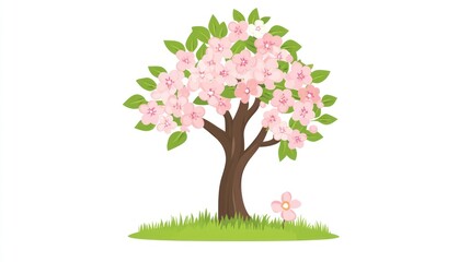 Spring blossom tree in grass, isolated illustration