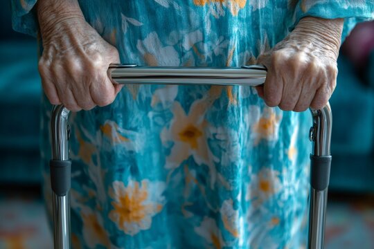 Elderly woman holding walking frame for support and mobility