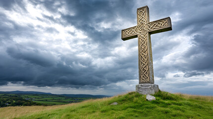 majestic stone Celtic cross stands on hilltop, surrounded by lush green fields and dramatic clouds