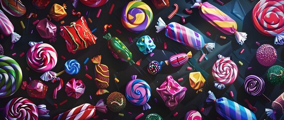 Naklejka premium Assortment of Colorful and Vibrant Candies and Sweets on Dark Background