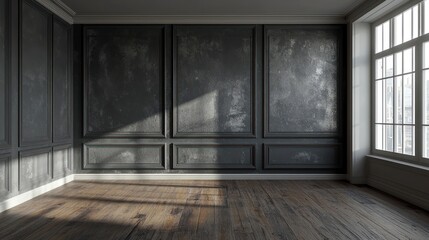 Elegant Empty Room with Dark Walls and Wooden Floor