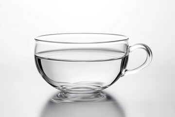 Transparent glass cup containing pure water on white background