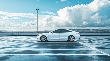 Obraz premium White Sedan Parked in a Rooftop Parking Lot