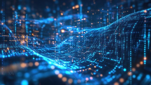 Abstract digital wave of glowing particles and data streams.