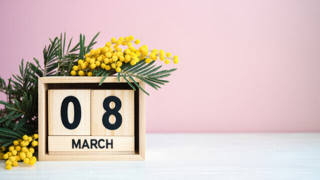 Mimosa flowers with wooden cube calendar for 8 march on pink background