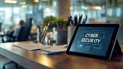 Obraz premium Modern Office Workspace Featuring Tablet Displaying Cyber Security Concepts with Pen Holder, Papers, and Green Plant in Blurred Background