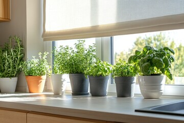Fototapeta premium Fresh herbs growing on windowsill in modern kitchen