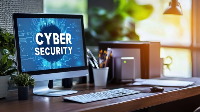 Modern Home Office with Desktop Computer Displaying Cyber Security Concept, Featuring Digital Circuit Board Graphic and Stylish Workspace Accessories