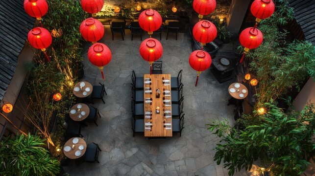 Red lanterns illuminate an outdoor dining area