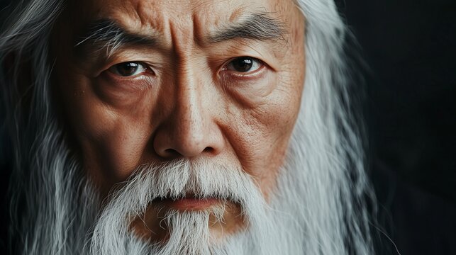 A close-up portrait of an old kung fu master with a long white beard