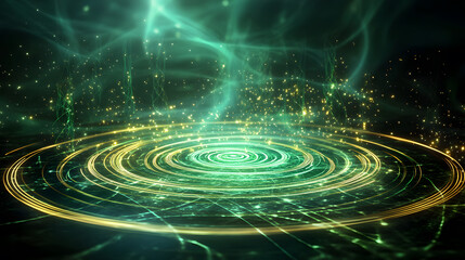 Glowing green spirals and swirls create mystical atmosphere with light