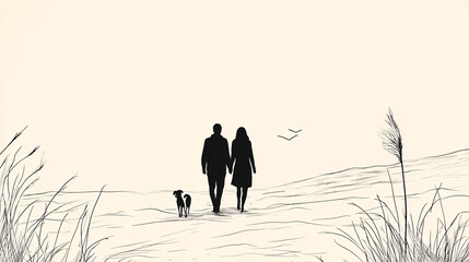 Minimalist silhouette of couple with dog in serene field  
