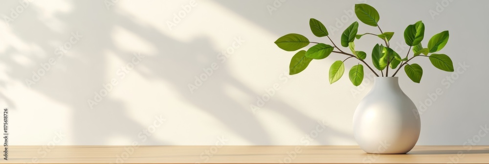 Poster sunlight casts shadows of leaves on a minimal white wall illuminating a wooden table with a white va