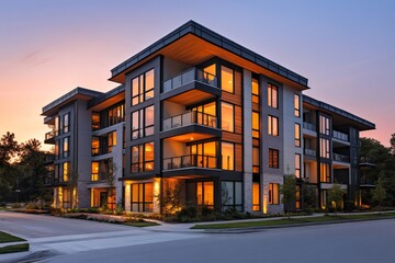 Fototapeta premium Modern apartment building exterior at dusk with lit windows and balconies