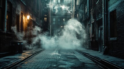 Naklejka premium Misty City Alleyway: A Nocturnal Scene