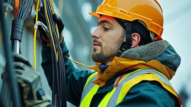An urban worker wearing protective gear is industrious and focused while working on electrical cables.