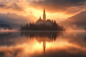 Fototapeta premium Sunrise illuminating lake bled island with assumption of mary pilgrimage church in slovenia