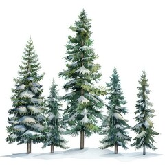 Fototapeta premium Five pine trees stand tall, covered with a blanket of fresh snow, evoking the tranquility of a winter forest