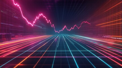Abstract neon grid with dynamic stock market graph.