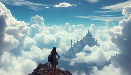 Girl gazes at floating castle in cloudscape, fantasy scene