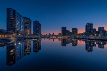 Obraz premium Melbourne docklands reflecting in water at dusk with colorful sky