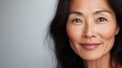 Naklejka premium Close-up of a middle-aged Asian woman with flawless skin and a serene smile, perfect for skincare and natural beauty promotions.