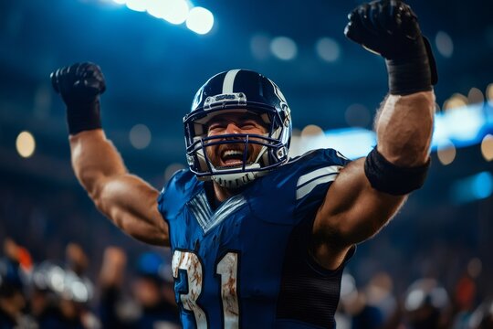 American football player celebrating victory in a stadium - Powered by Adobe