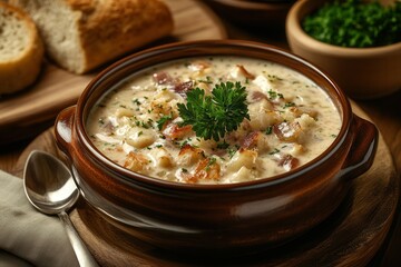 Creamy clam chowder in rustic bowl with fresh bread and herbs.