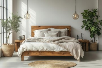 rustic wooden bed against an empty white wall showcasing a minimalist scandinavian loft design emphasizing comfort and space in modern bedroom aesthetics
