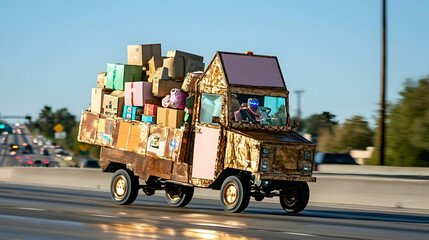 Overloaded quirky homemade truck on highway.