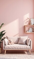  Cozy and bright living room with beige sofa, decorative cushions, plush teddy bear, light pink wall, wooden shelves, large green plant, fluffy rug, and natural light creating a warm and inviting atmo
